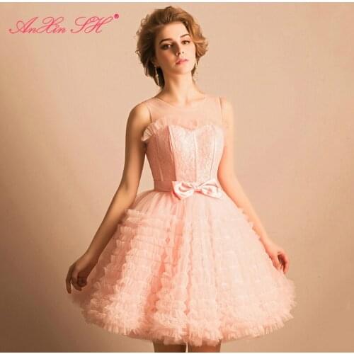AXJFU Pink Lace Sexy backless Bride bow evening Dresses short perspective Princess evening Dresses ruffles fringed dress