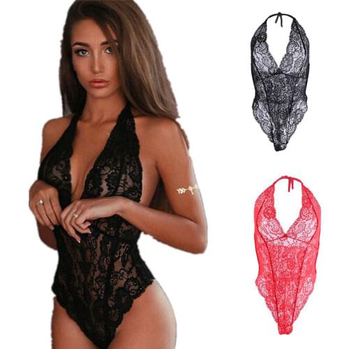 Women Transparent Lace Bodysuit Sexy Lingerie Sleepwear Mesh Lace Floral See-through Teddies Catsuit Erotic Sex Costume