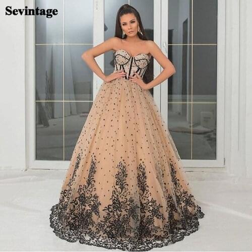 Sevintage Champagne A Line Prom Dress Black Lace Polka Dotted Tulle Evening Gowns Plus Size Formal Women Party Gowns 2021 Custom