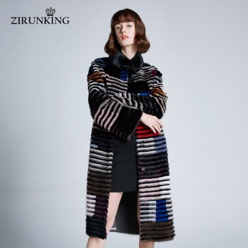 ZIRUNKING New 2020 Women Real Mink Fur Coat Lady stripe sewed Colorful Female Long Fashion High Quality For Autumn Warm ZC1902