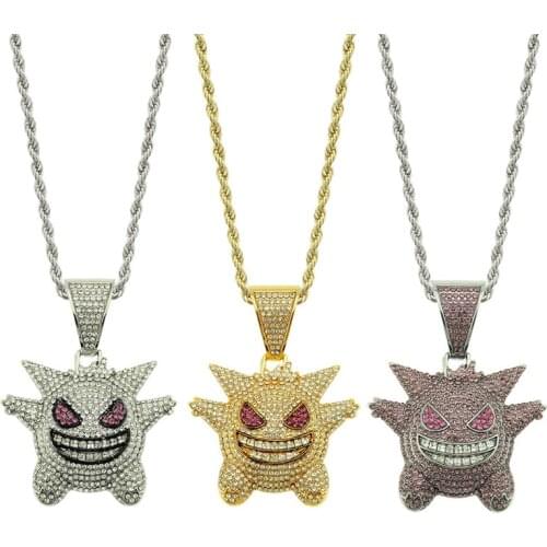 60cm Pokemon Cartoon Anime Gengar Europe ゲンガー and Hip Hop Necklace Boys Girls Pokemon Cartoon Diamond Pendant Gift Necklace