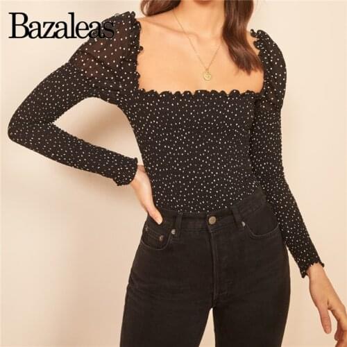 Bazaleas Fashion blouse women harajuku Vintage Dot Print Black Elastic slim Blouse 2020 Palace ropa mujer