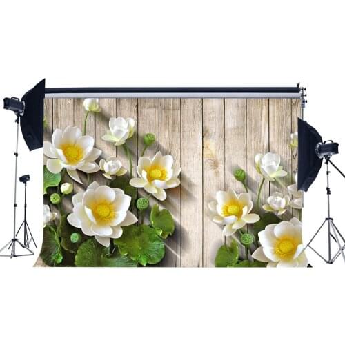 Blooming Fresh White Lotus Backdrop Green Leaves Summer Backdrops Shabby Stripes Wood Floor Photography Background