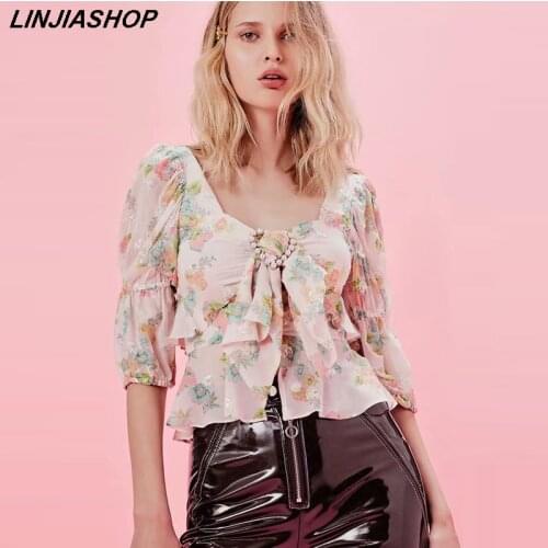 Elegant french summer women pink tank top beading ruffles print bow tie split backless bloggers style designer new arrivals 2019