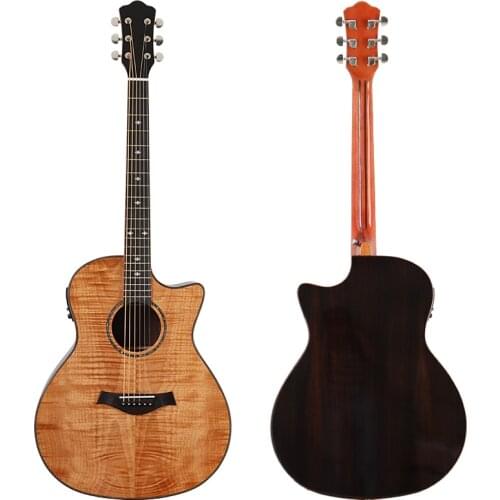 High grade flame maple top cutaway design electric acoustic guitar high gloss 6 string folk guitar with EQ tuner function