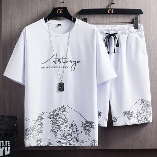 Mens T-shirt + shorts suit summer breathable casual T-shirt running suit fashion Harajuku printed sports suit 2021 new 2-piece