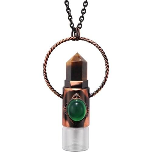 FYSL Vintage Style Copper Geometric Shape Tiger Eye Stone Pendant Perfume Bottle Necklace Rose Pink Quartz Jewelry