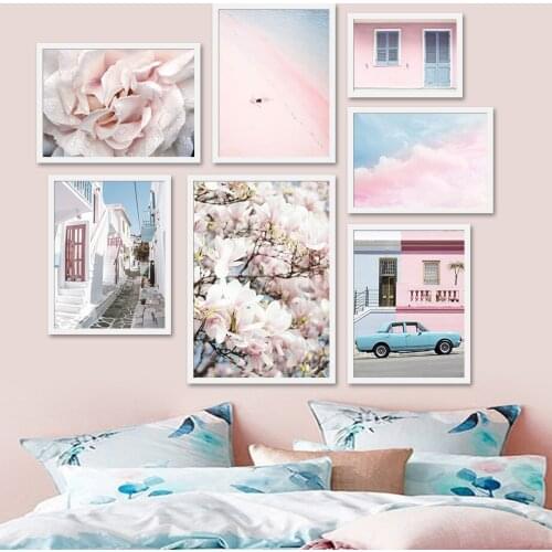 Pink Cloud Peony Flower Beach Door Street Wall Art Canvas Painting Nordic Posters And Prints Wall Pictures For Living Room Decor