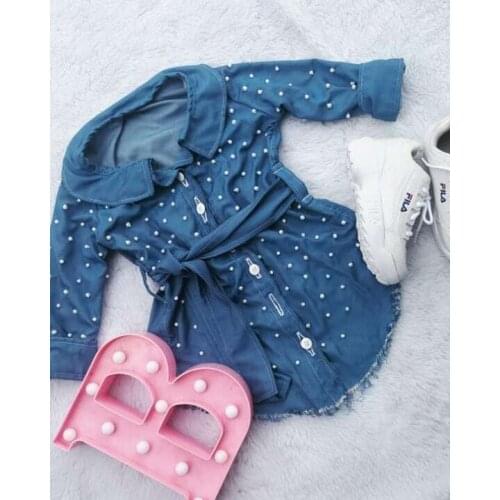 Summer Baby Girl Clothes Girls Dress Long Sleeve Denim Pearl Dresses Bowknot Shirt Dress Party Casual Princess Dress 1-6Y