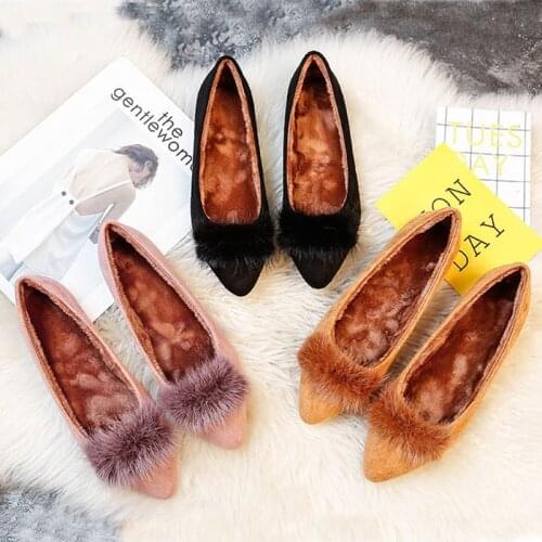 34-42 moccasins women winter plush fur flats shoes pointed toe shallow warm soft soled loafers casual lazy slip-on cotton shoes