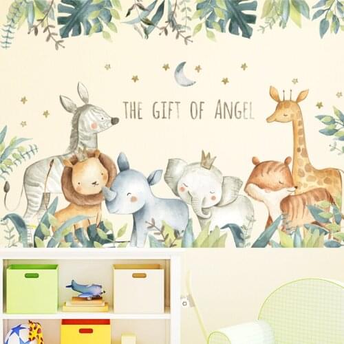 Cartoon Wall Stickers for Kids Rooms Giraffe Lion Fox Elephant Animal Home Decals Nursery Kindergarten Baby Room Home Decor