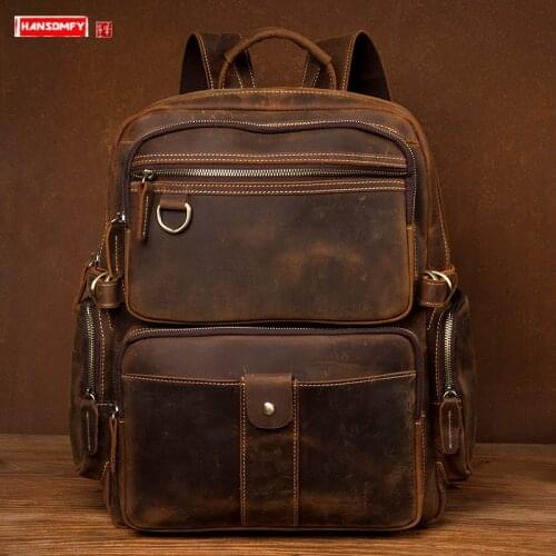 Retro Crazy Horse Leather Backpack Mens Handmade First-level Cowhide Laptop Bag Travel Backpacks Shoulder Bag Schoolbag Male