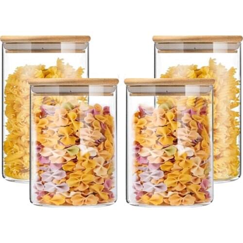 Set Of 4 Clear Glass Mason Candy Jar for Spices, Jar with Bamboo Lid for Cookies, Canister With Wood Lid Airtight