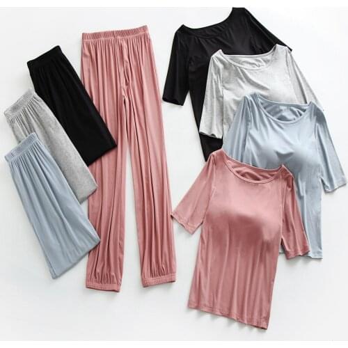 Autumn Womens Pajamas Viscose Fiber Womens Five-point Sleeve Pajamas with Chest Pad Bloomer Trousers Two-piece Loose Home Wear