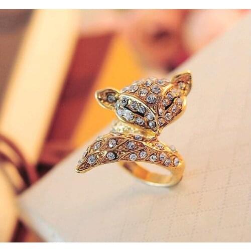 Full Shining Rhinestone Fox Design Rings Crystal Golden Silver Plated Rings for Women