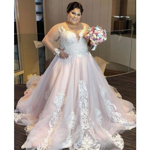 Plus Size Wedding Dresses A Line Lace Beading Gorgeous Bridal Gowns Jewel Neck Long Sleeves Country Lady Marriage Dress