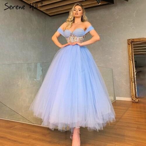 Serene Hill Blue Ankle Length Evening Dresses Gowns 2021 Beaded A-Line Sexy For Women Wedding Party LA71336
