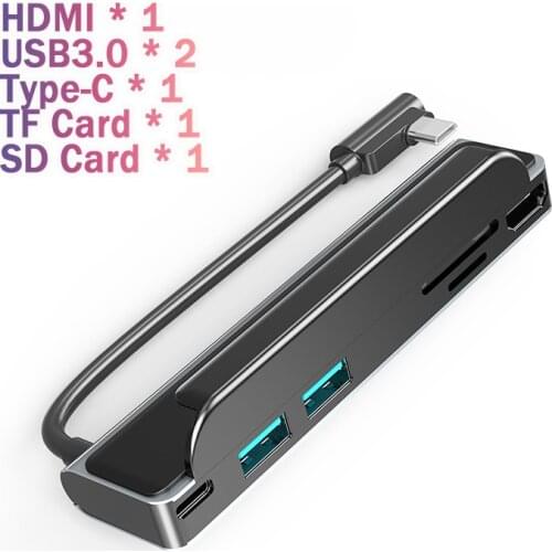 USB-C Hub Back Clip Multi-port Type C 6 in 1 Adapter Dock With 4K HDMI OTG USB3.0 SD/TF Card Reader for Laptop and Mobile Phone