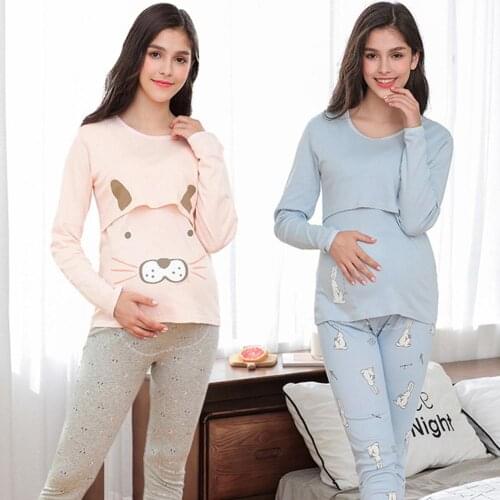 Spring Autumn Maternity and Nursing Set Pregnant Pajamas Postpartum Nightwear Premama Cotton Tops&pants Long Sleeve Top&pants