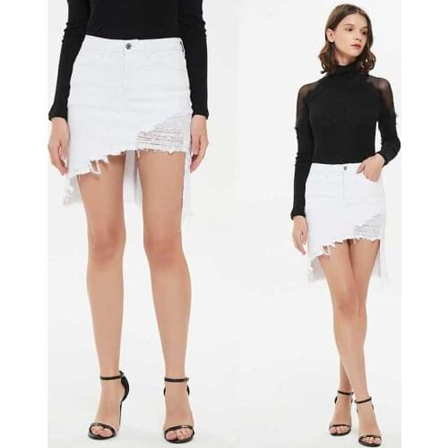 Spring New White Individual Denim Womens skirt Medium Length Irregular Stretch Split Raw Edge elasticity Buttock Jeans skirt