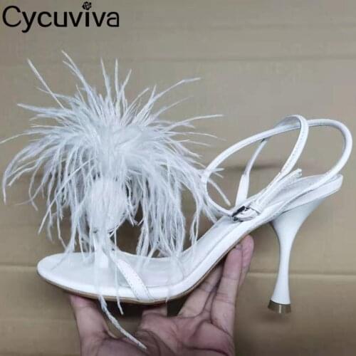 Sexy Feather Sandals Women Summer Leather High Heel Shoes Ankle Wrap blue Ladies Fur Stiletto Pumps Party Wedding Shoes Woman