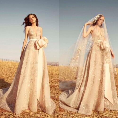 2020 Bohemian Wedding Dresses Deep V Neck Lace Appliques Beads Garden Bridal Gowns Sweep Train Plus Size A Line Wedding Dress