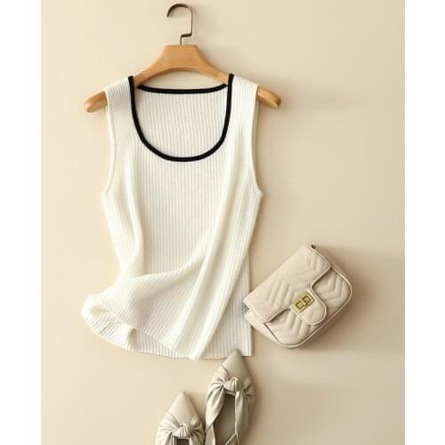 100% cashmere sleeveless crew neck contrast ribble knitted sweater vest for women