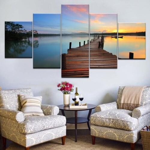 5 Piece Feather Wooden bridge sunset lake water Painting Canvas Wall Art Modern Decor Printed Frame Pictures for Living Room