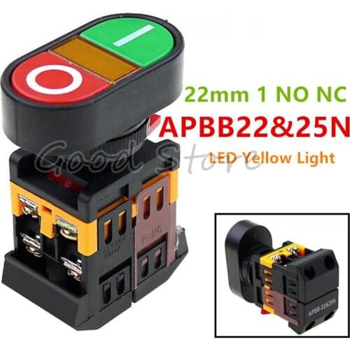 APBB22N ON/OFF 1 NO NC 220V AC 22mm/25 LED Yellow Light START STOP Momentary Push Button Switch