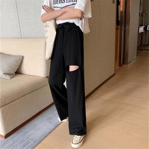 Wide Leg Pants Women Fashion Baggy High Waist Stretchy Broken Hole Pant Solid Color Streetwear Trousers Womens Casual Sweatpants