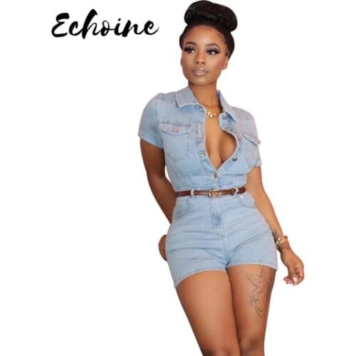 Echoine Women Casual Jeans Jumpsuit Solid Sexy Cowboy Turn Down Collar Short sleeve Single Breasted Shorts With Pockets Playsuit