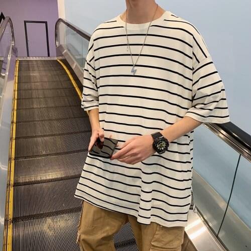 Striped Short Sleeve T-Shirt Mens Trendy Summer Street Hip Hop Loose Retro Couple Tops Furcal Zipper Cotton Half Sleeve