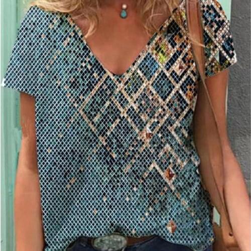 Plus Size Women T-shirt Tie dye geometric print V-neck short sleeve Tshirt Streetwear Casual Fashion European Female Tees Tops