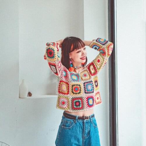 New 2021, Chinese, Retro, Ethnic, Womens, Knits, Bohemian Hollowed-Out, Hand-Woven Crochet Sweater