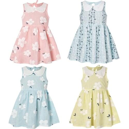 New Girl Dress For 1-7 Years Sleeveless Doll Peter Pan Collar Flower Print Kid Clothes Wears Suits Cute Fashion Princess Dresses