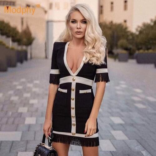 New Arrivals Sexy V-Neck Fringed Bandage Dress Women Short-Sleeved Buttons Bodycon Club Evening Party Mini Vestidos 2021 Summer