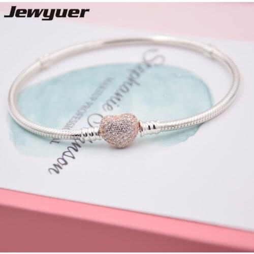 Autumn 925 sterling silver Bracelets with rose gold heart clip fit silver charms beads bangles DIY fine Memnon Jewelry YL066
