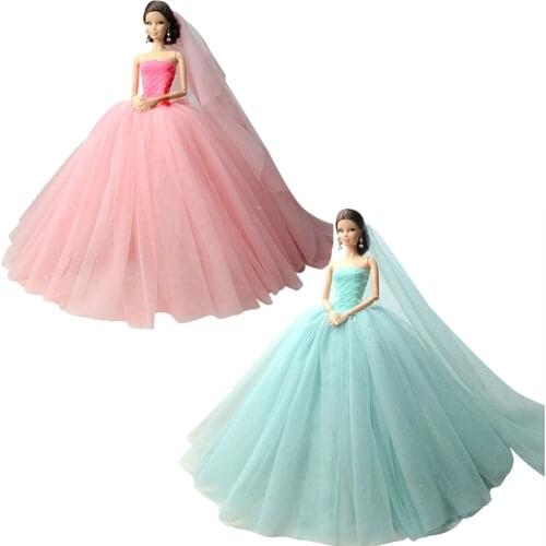NK 2 Pcs Doll Dress High quality Handmade Long Tail Evening Gown Clothes Lace Wedding Dress +Veil For Barbie 1:6 Doll Best Gift