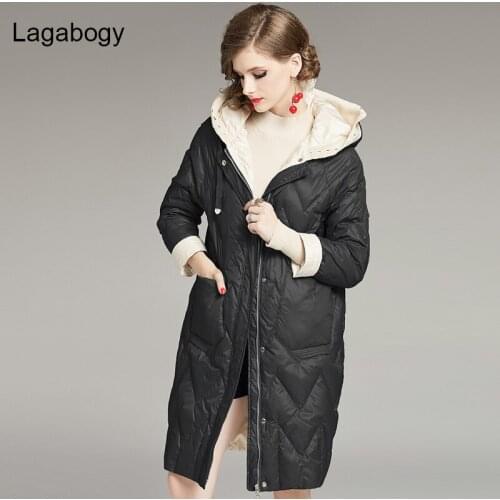 Lagabogy 2021 New Winter Women Oversized 90% White Duck Down Coats knitted Hat Stitching Hooded Warm Puffer Jacket Loose Outwear