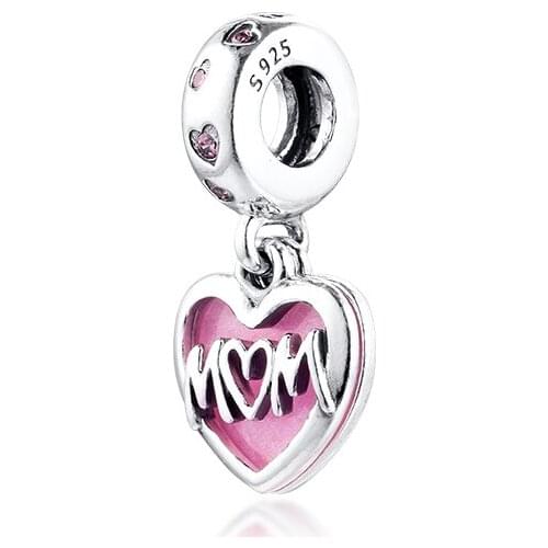 Fit Pandora Bracelet Necklace Mom Script Heart Dangle Charm S925 Silver Pink Enamel Beads for Jewelry Making Mother Sister Gift
