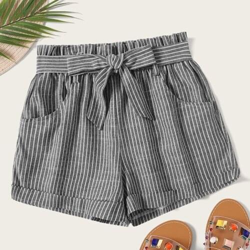 Summer Casual Loose Shorts Women Beach Stripe Pockets Bandage Elastic High Waist Shorts Female Short