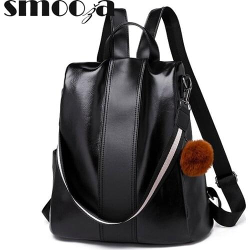 SMOOZA 2021 Fur Ball Womens Backpacks Quality Youth Leather Backpack for Teenage Girls Female School Shoulder Bag Bagpack Moch