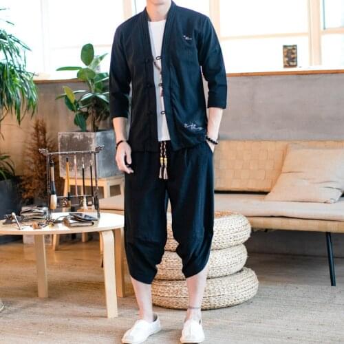 Men Sweatsuits Sportswear Summer Cotton Linen Loose Shirt Sweatshirt+sweatpant Casual Jogger Meditation Kungfu Yoga Tai Chi Set