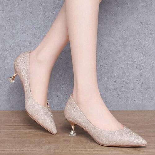 Womens shoes Pointed Toe 2021 new mid-heel pumps ladies fashion Shallow shoes high heels banquet dress shoes SequinsThin Heels