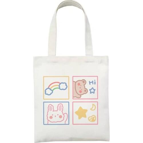 Anime Harajuku Lovely Bear And Peach Cartoon Women Shoulder Bag Women Canvas Shopping Bag Female Reusable Grocery Students Bag