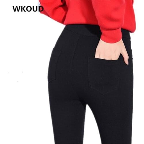 WKOUD Plus Size Leggings Women Black Stretch High Waist Leggings Woven Fabric Skinny Solid Pencil Pants Female Legging P8901