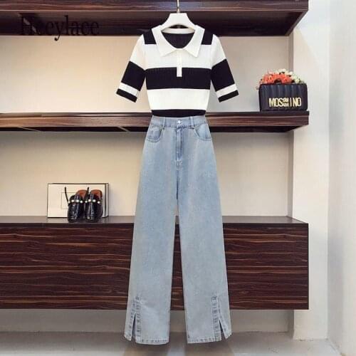 Women Suits Summer 2021 New Striped Knit T Shirt Tops + Denim Pants Jeans Elegant Fashion Female Two Pieces Jeans Sets