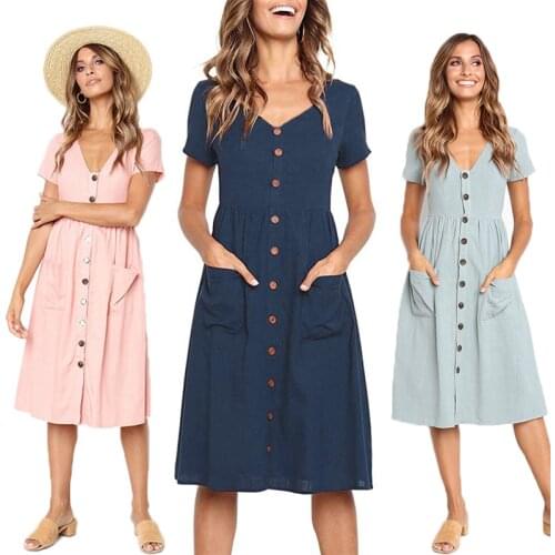 Red Blue A Line Casual Dresses Women Summer Dress 2021 Vintage Short Sleeve Dress For Ladies Buttons V Neck Midi Vestidos Female