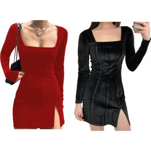 Womens Sexy Velvet Long Sleeve Square Neck Bodycon Elegant Mini Party Club Dress