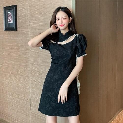 Evening Dresses Cheongsam Womens Summer New Lace Splicing Puff Sleeves Print Dress Black White High Waist Dress Chinese Style
